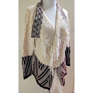 Boho Fringe Cardigan Southwestern Knit Shawl Collar Tribal Pattern Sweater